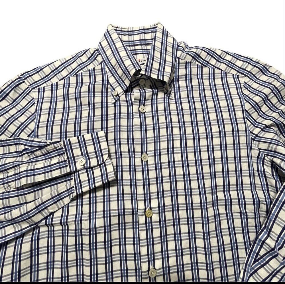 Kiton LS Button Up Shirt Mens Large/15 Blue Plaid LS Linen Blend Modern Italy